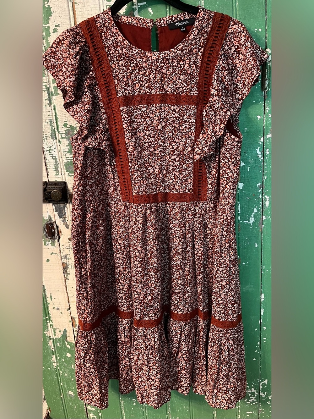 Madewell Fall Rust Floral Midi Dress with Ruffle Sleeves Lacy Trim size Small